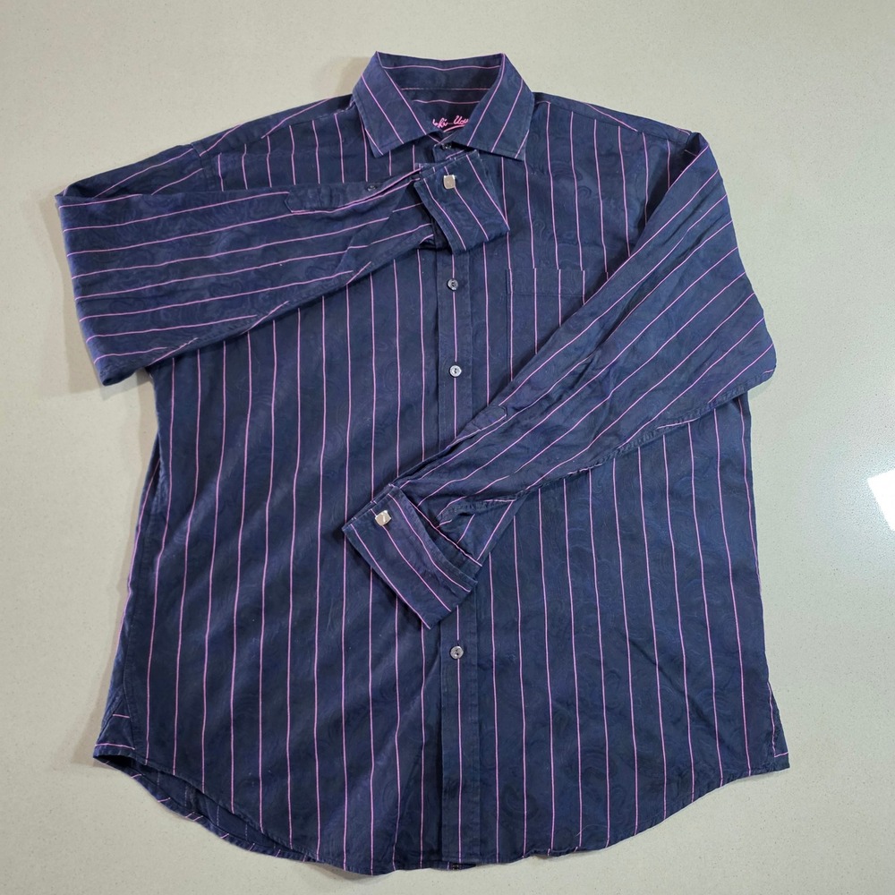 Bugatchi Uomo Mens Large Navy Blue Pink Pinstripe Paisley Button Down Shirt